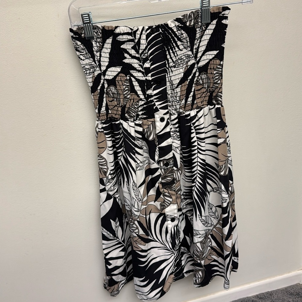 Tropical Black and White khaki Leaf Print strapless Dress S
